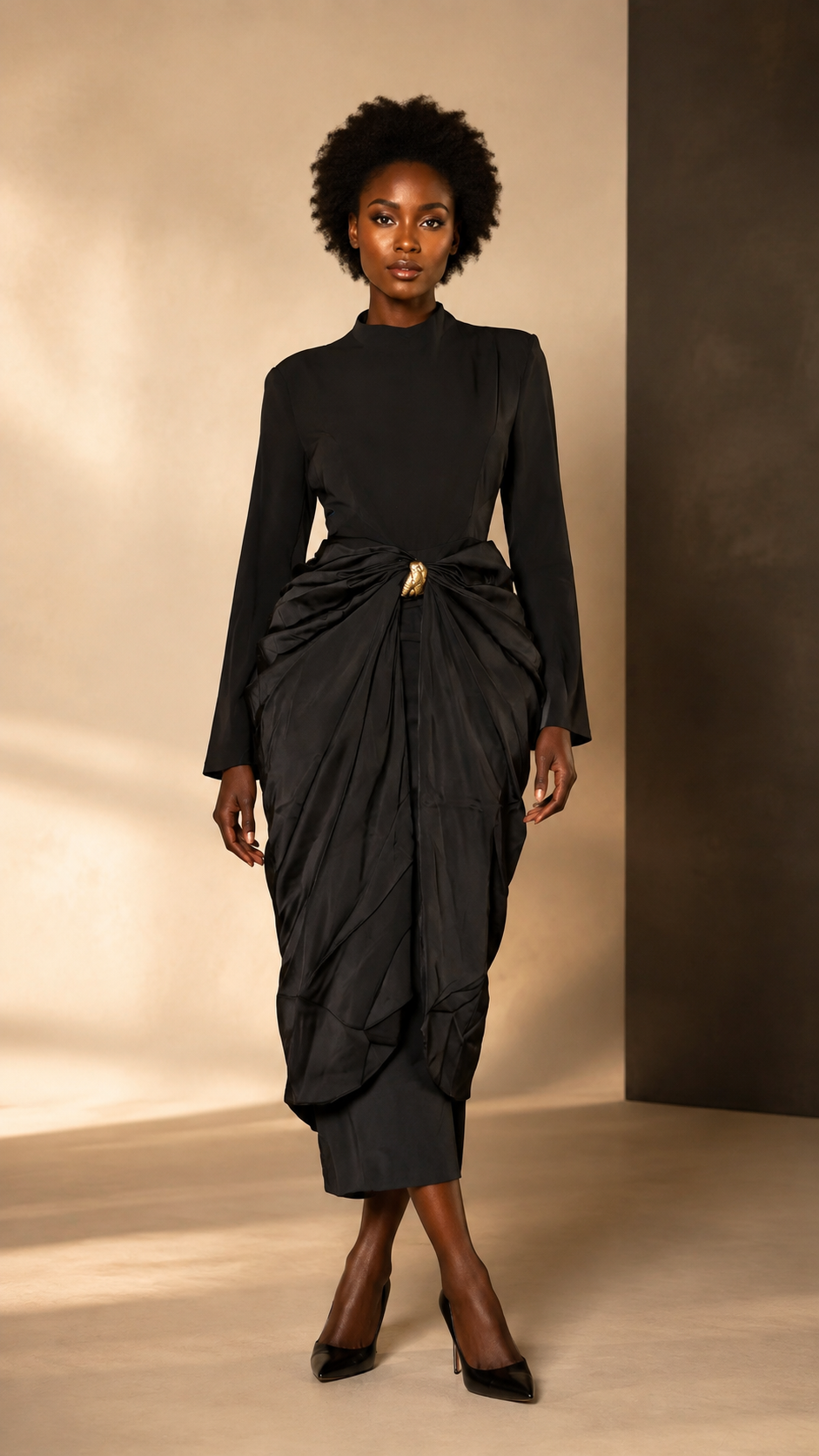 NOVIQEL Black Draped Brooch Midi Dress campaign featuring a Black model