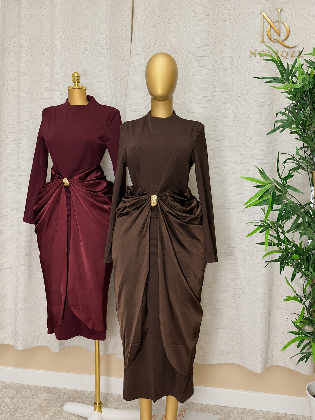 Draped Brooch Long-Sleeve Midi Dress – view 1