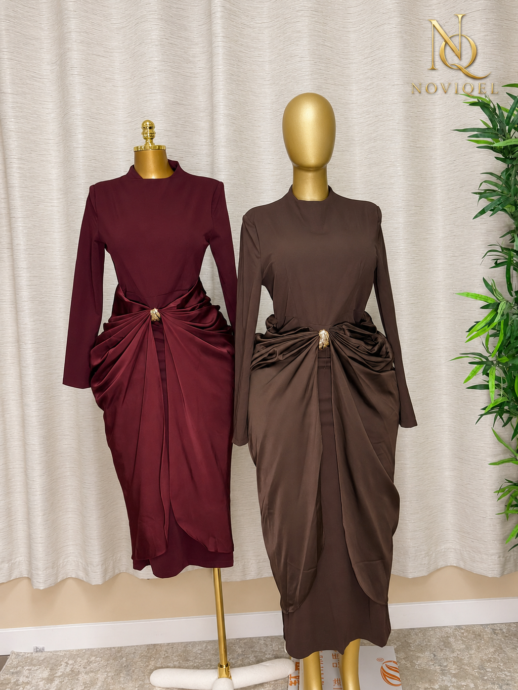 Draped Brooch Long-Sleeve Midi Dress – view 2
