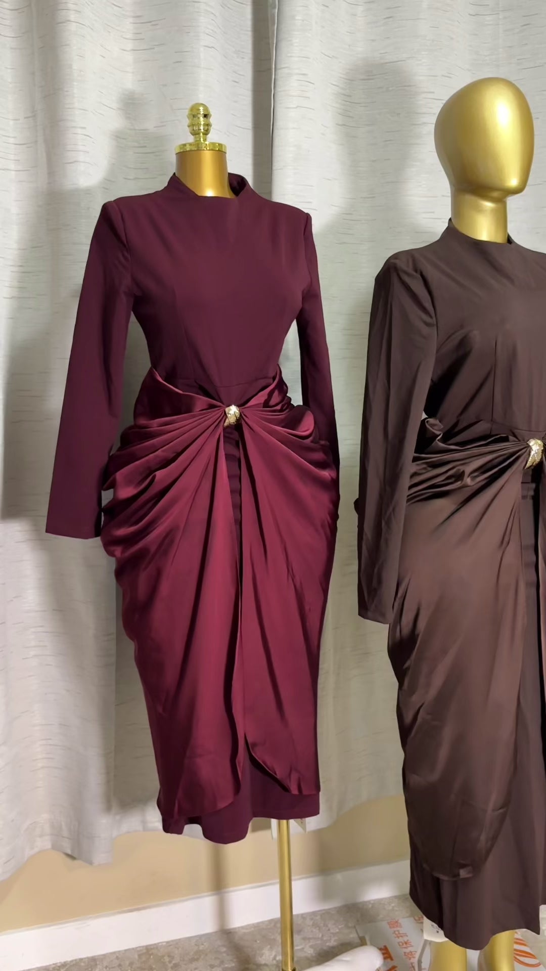 Draped Brooch Long-Sleeve Midi Dress