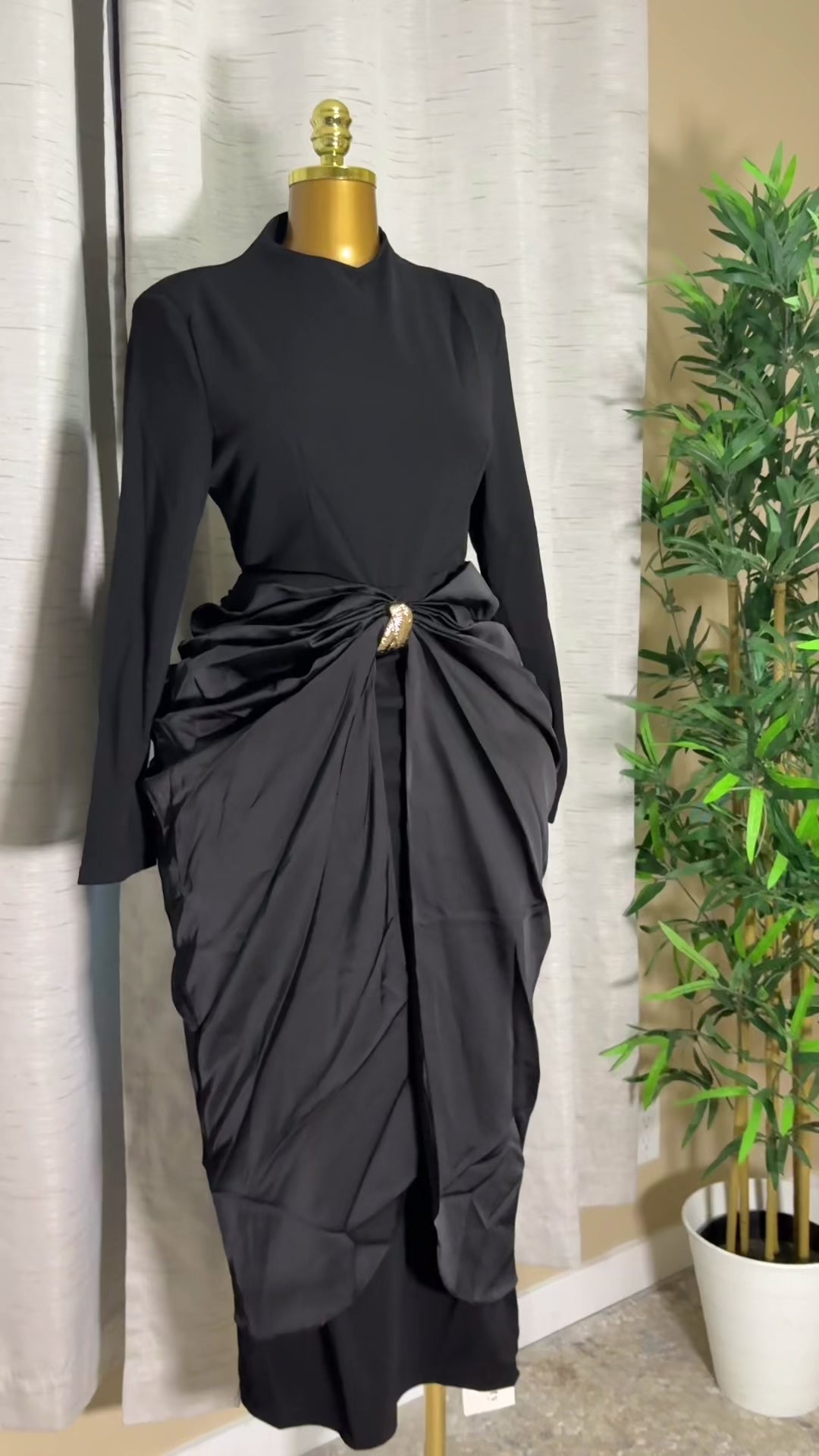 Black Draped Brooch Midi Dress